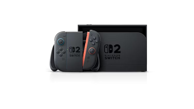 Nintendo Switch 2 with Joy-Con 2 in the grip, next to the dock, front view