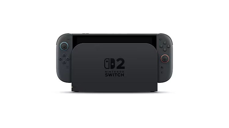 Nintendo Switch 2 sitting in its dock, front view