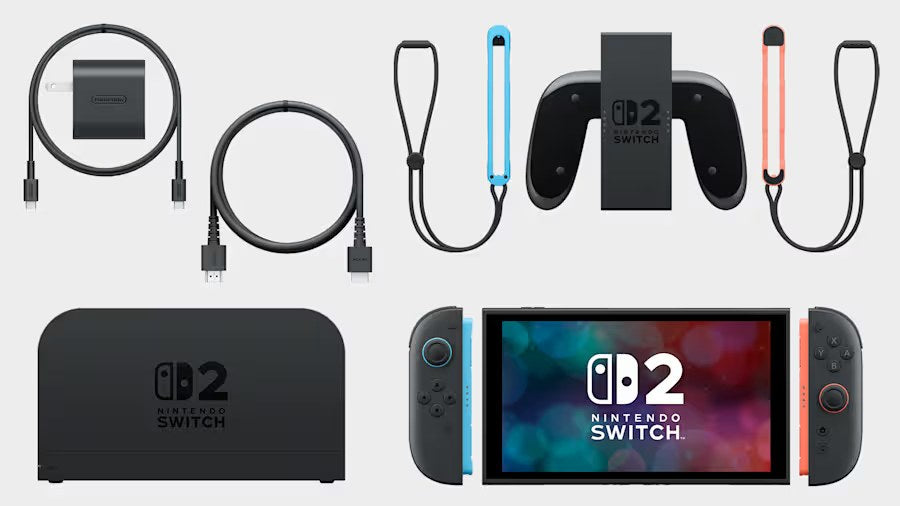 Nintendo Switch 2 box contents: console, Joy-Con 2, grip, straps, dock, power adapter and HDMI cable